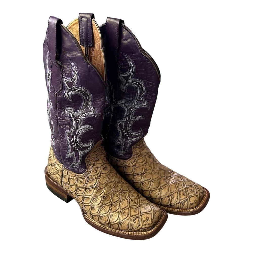 Ariat Exotic Print Western Boots Square Toe Purple Brown Leather US‎ 6.5B